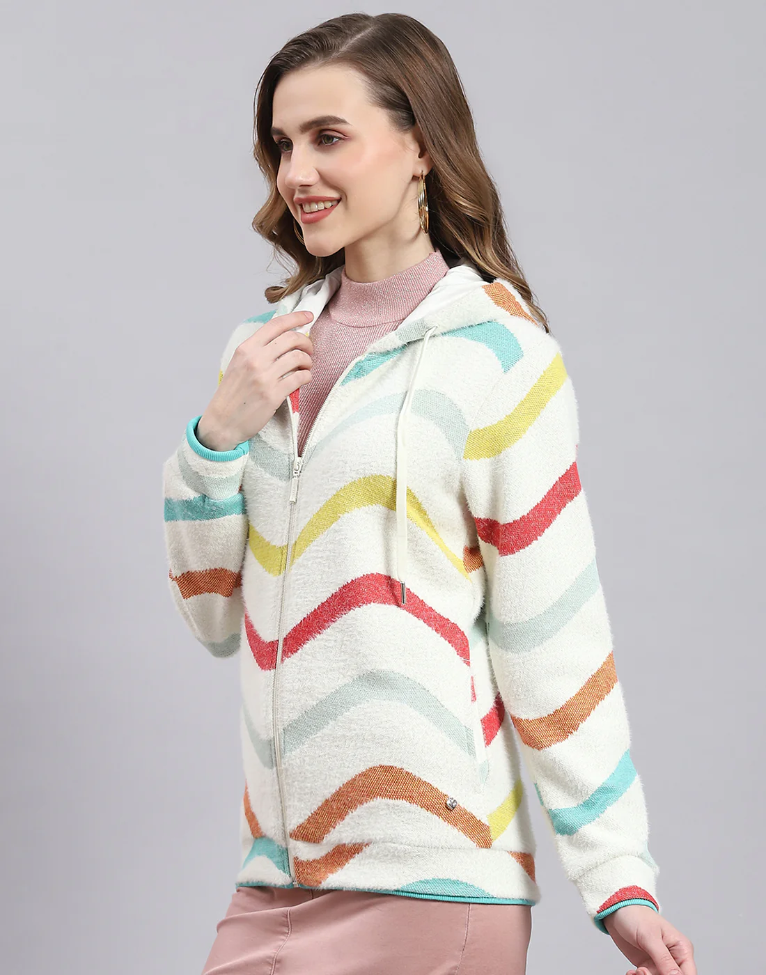 Women Off White Printed Hooded Full Sleeve Sweatshirt - Image 3