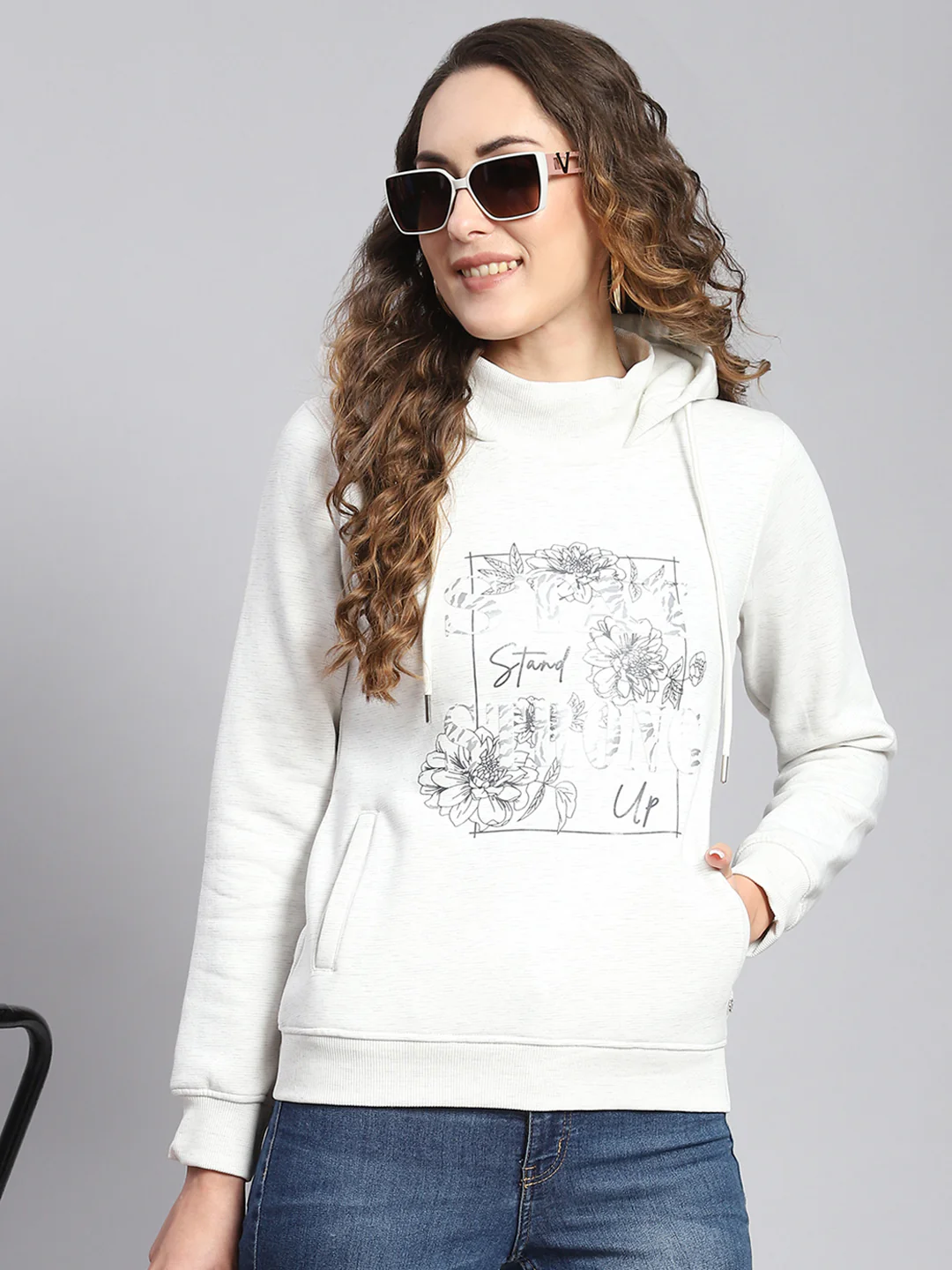 Women Off White Printed Hooded Full Sleeve Sweatshirts - Image 3
