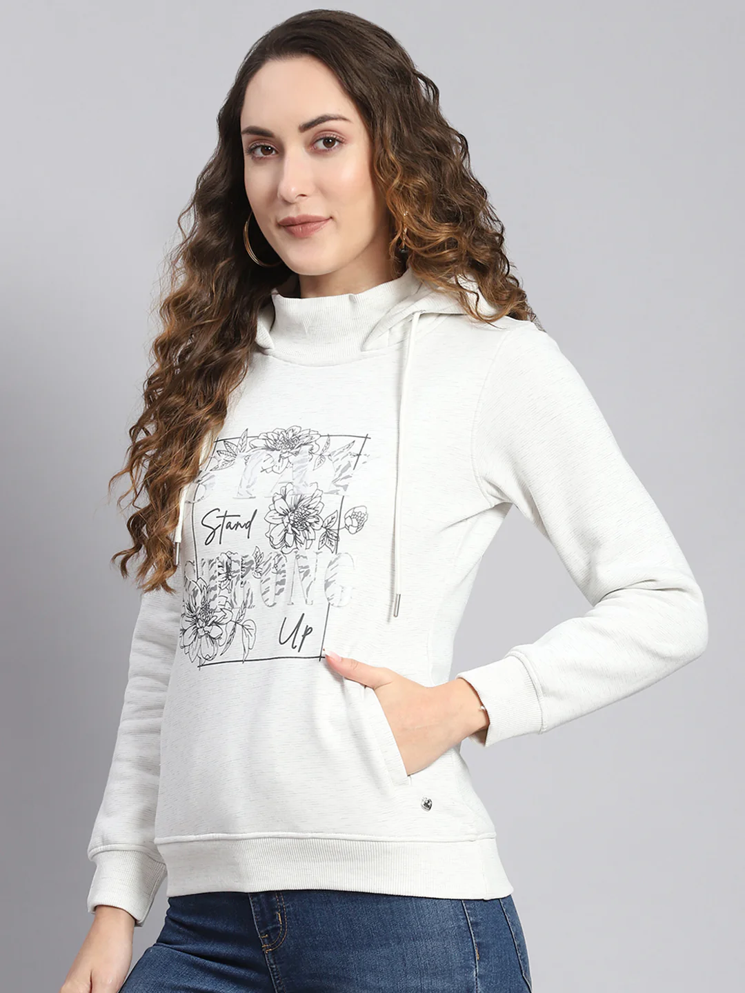 Women Off White Printed Hooded Full Sleeve Sweatshirts - Image 4