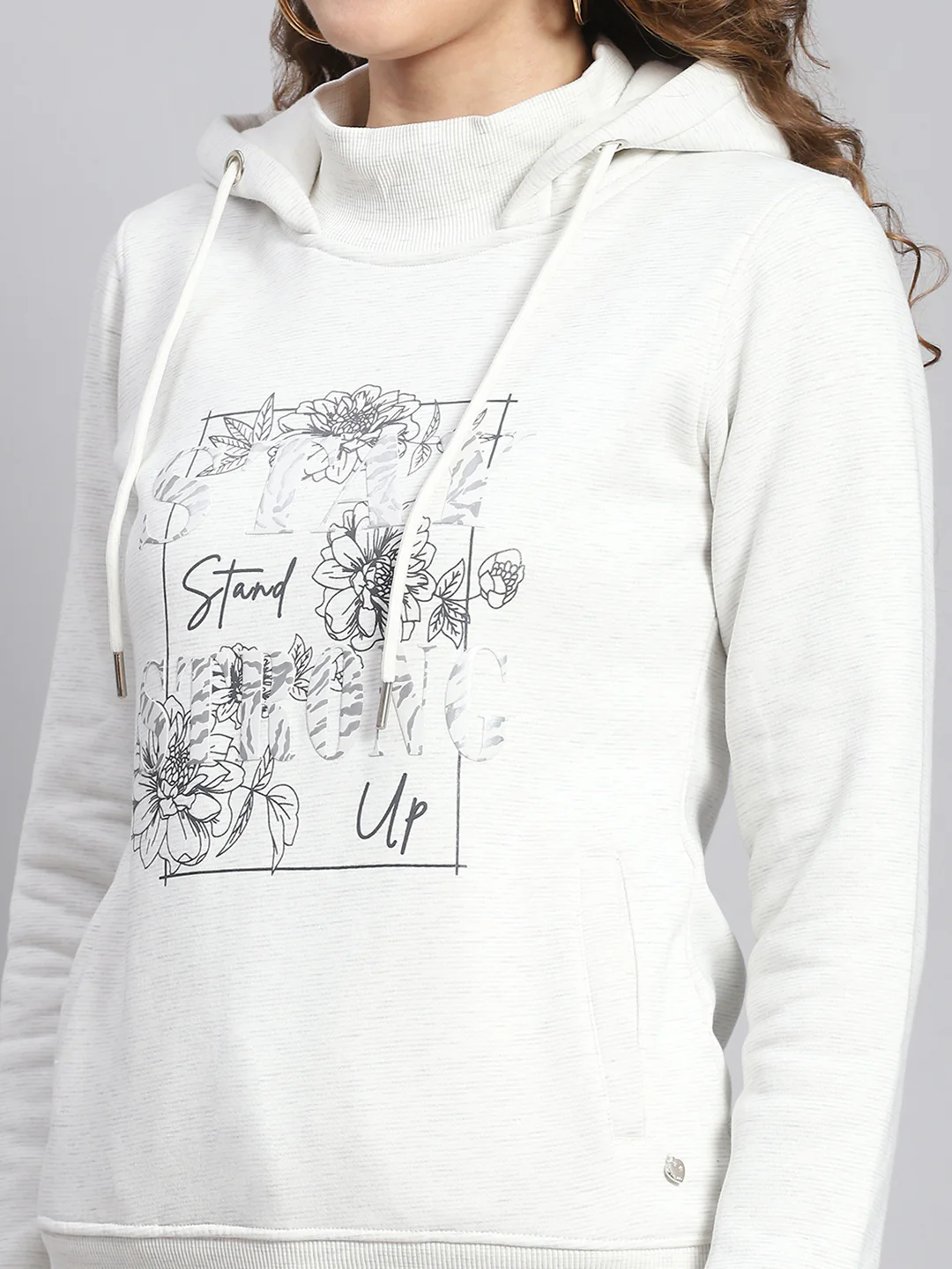 Women Off White Printed Hooded Full Sleeve Sweatshirts - Image 7
