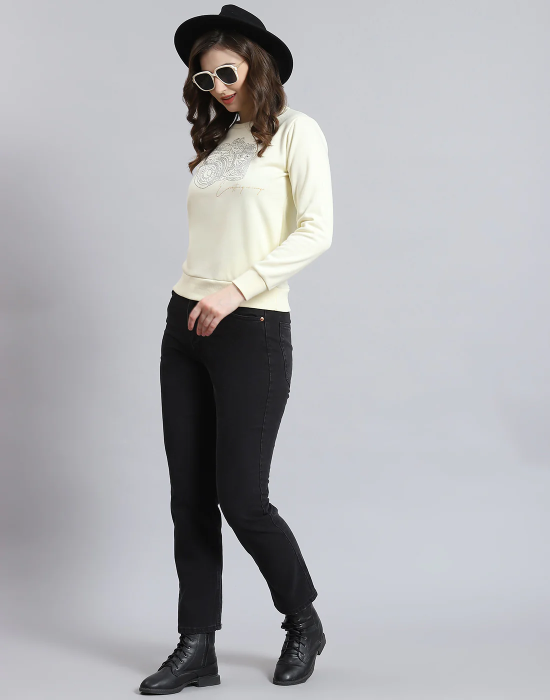 Women Off White Printed Round Neck Full Sleeve Sweatshirt - Image 2