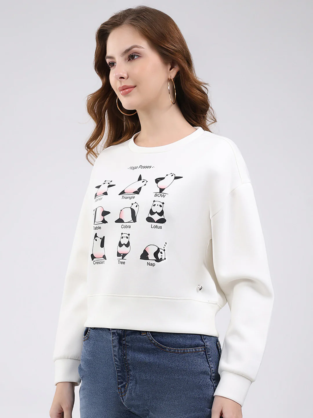 Women Off White Printed Round Neck Full Sleeve Sweatshirt - Image 3