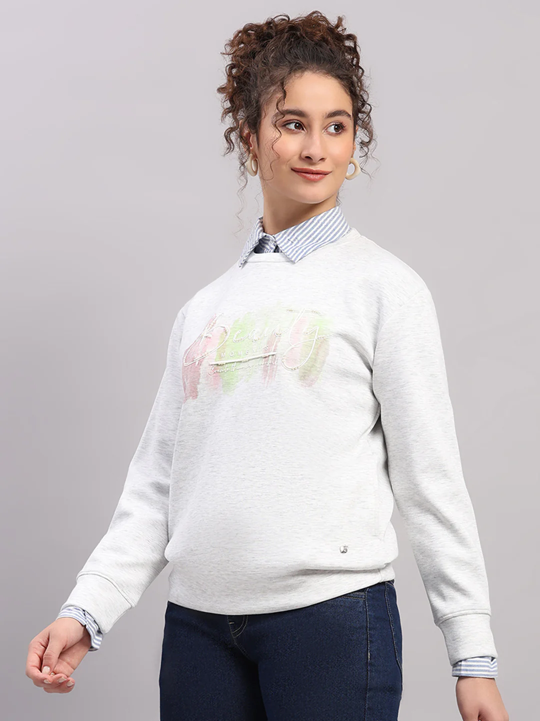 Women Off White Printed Round Neck Full Sleeve Sweatshirt - Image 3