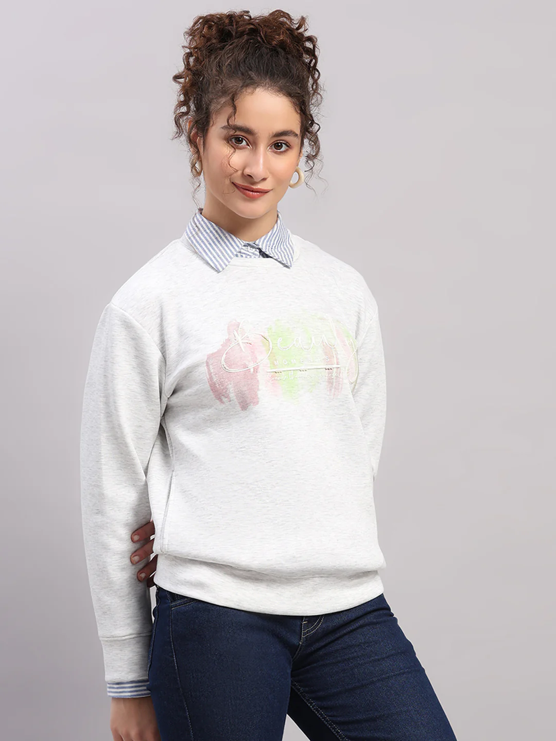 Women Off White Printed Round Neck Full Sleeve Sweatshirt - Image 4