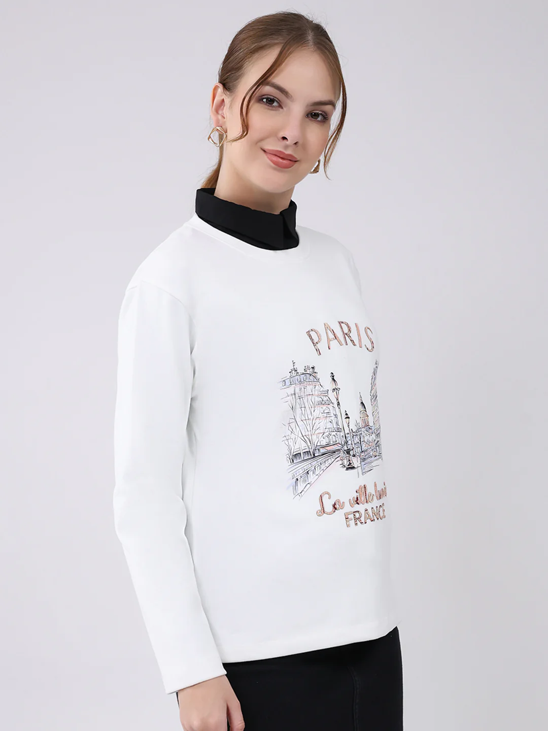 Women Off White Printed Round Neck Full Sleeve Winter Top - Image 4