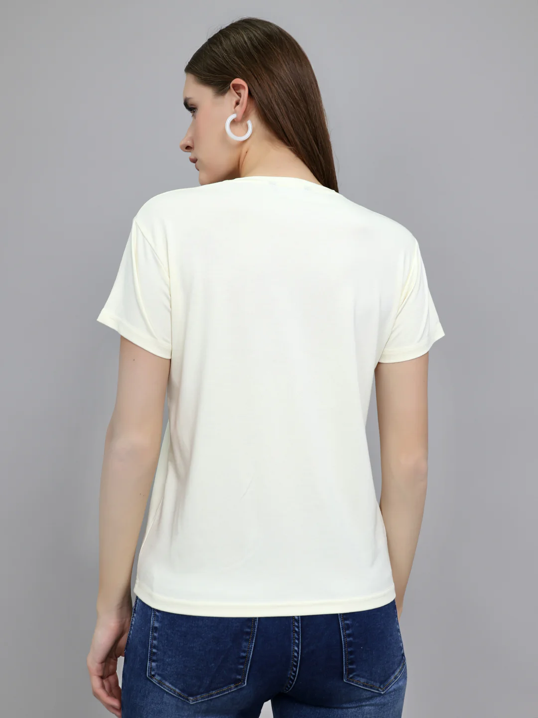 Women Off White Printed Round Neck Half Sleeve Top - Image 3