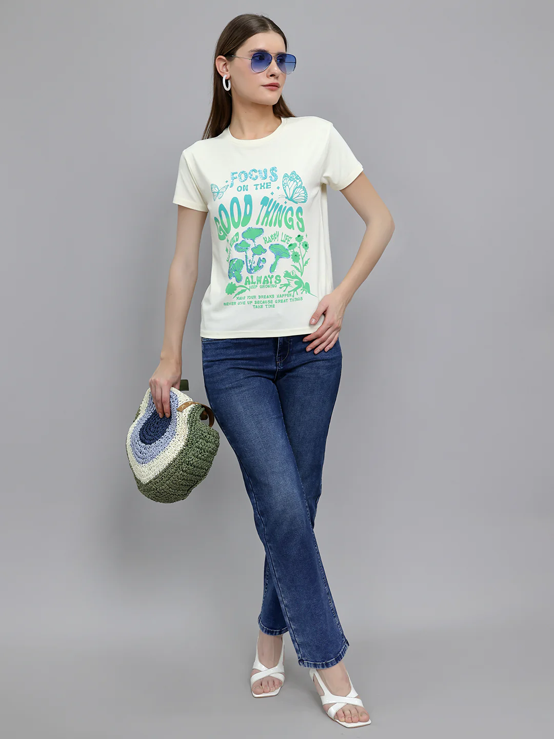 Women Off White Printed Round Neck Half Sleeve Top - Image 5