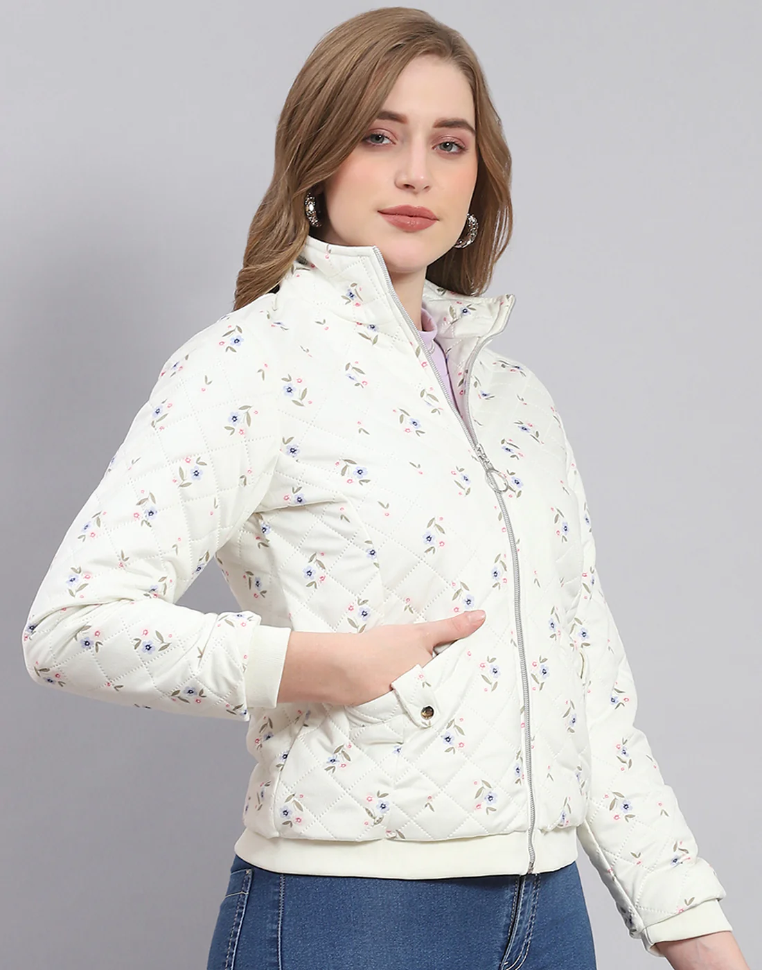 Women Off White Printed Stand Collar Full Sleeve Jacket - Image 4