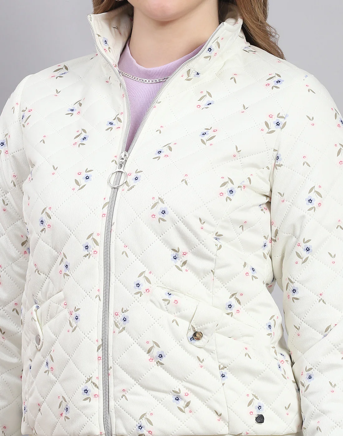 Women Off White Printed Stand Collar Full Sleeve Jacket - Image 6