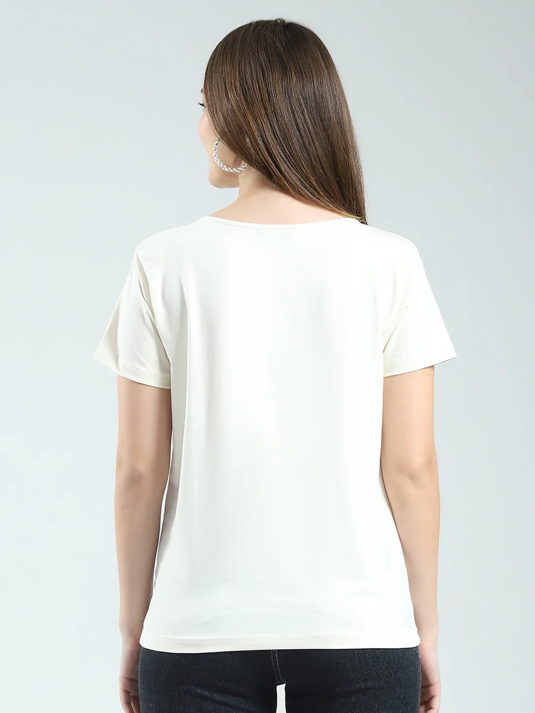 Women Off White Printed Round Neck Half Sleeve Top - Image 5