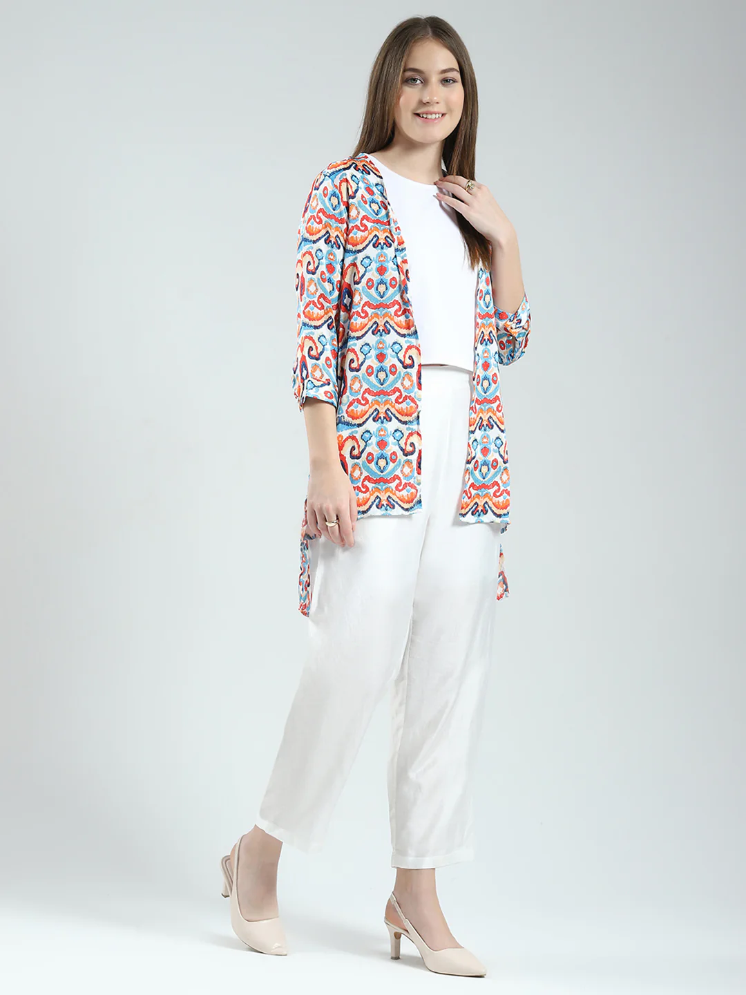 Women Off White Printed Round Neck Sleeveless 3 Pcs Cords Set - Image 5