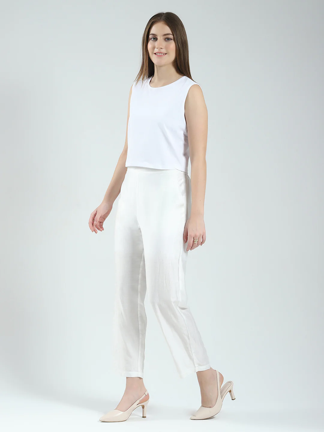 Women Off White Printed Round Neck Sleeveless 3 Pcs Cords Set - Image 8
