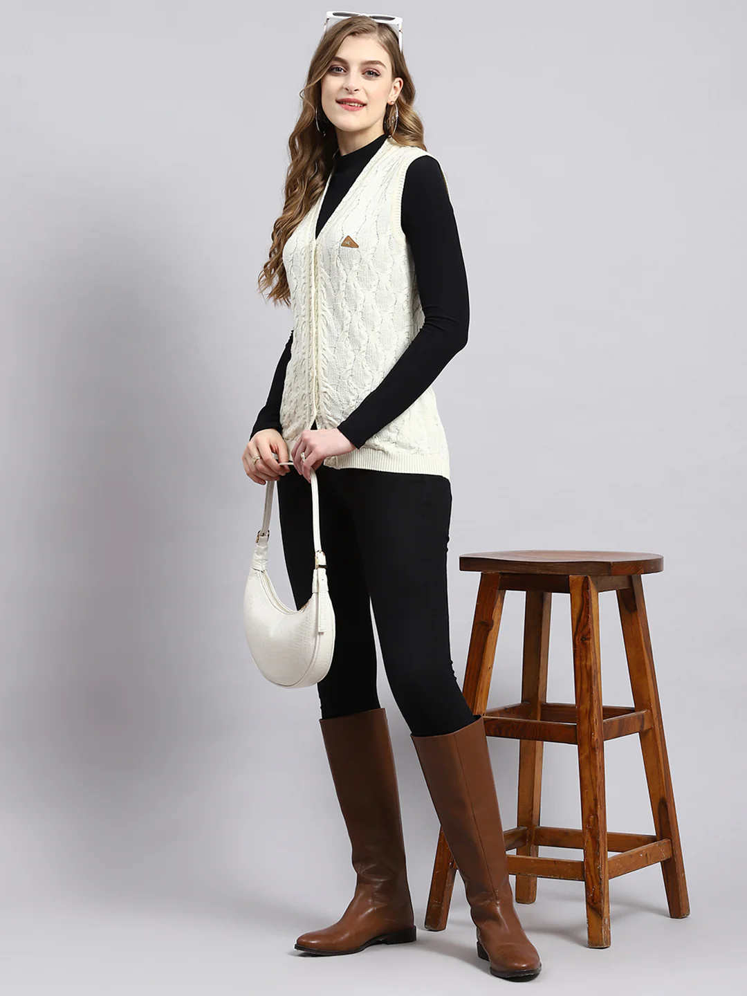 Women Off White Self Cardigan - Image 5