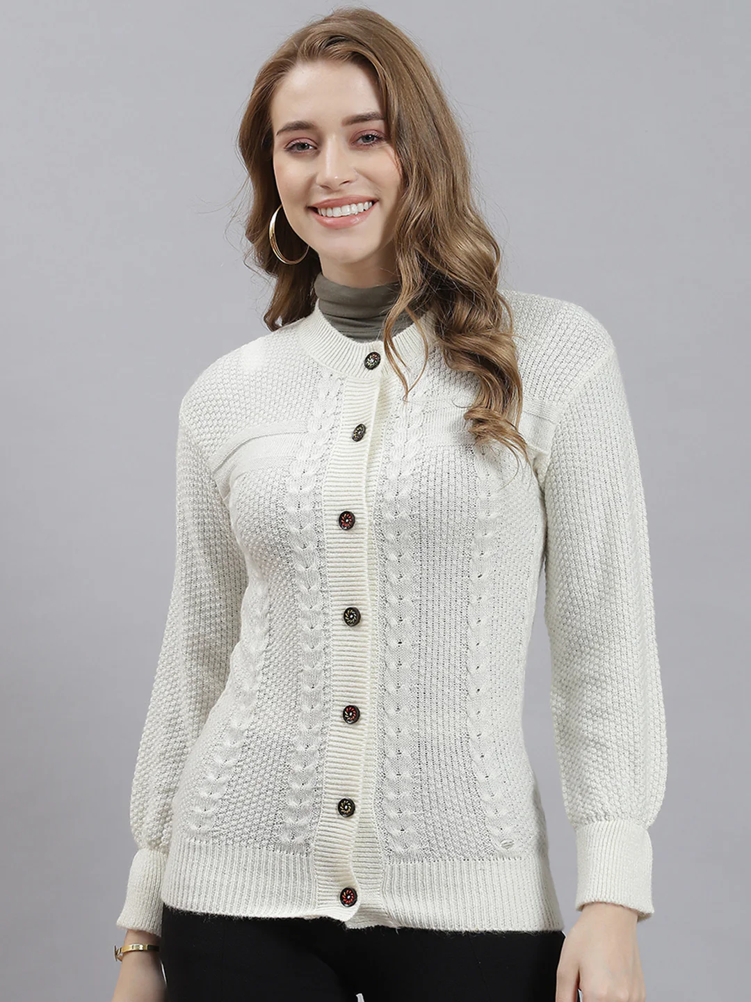 Women Off White Self Cardigan - Image 2