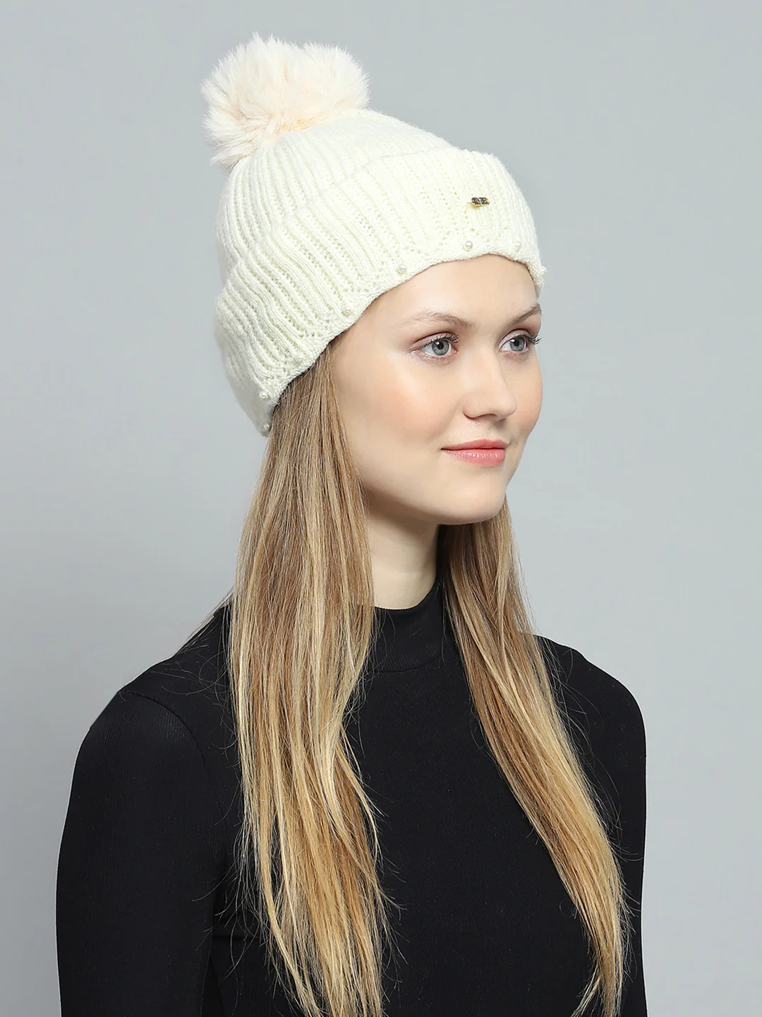 Women Off White Self Design Cap - Image 4