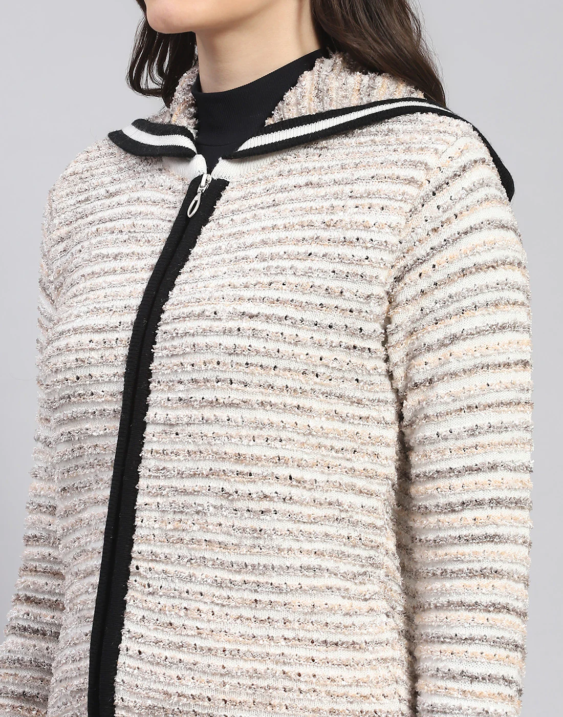 Women Off White Self Design Collar Full Sleeve Cardigan - Image 6