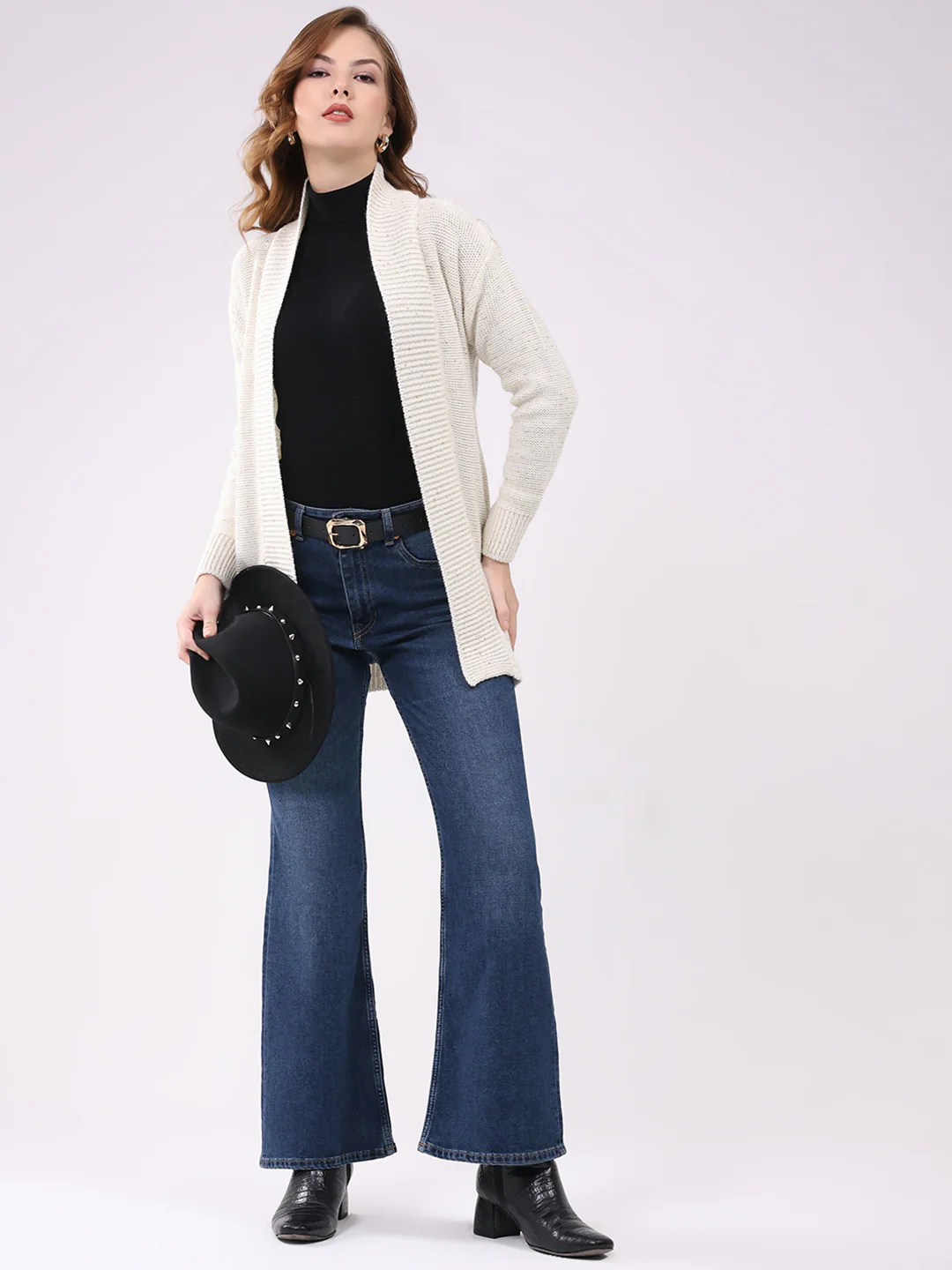 Women Off White Self Design Collar Full Sleeve Cardigan - Image 2