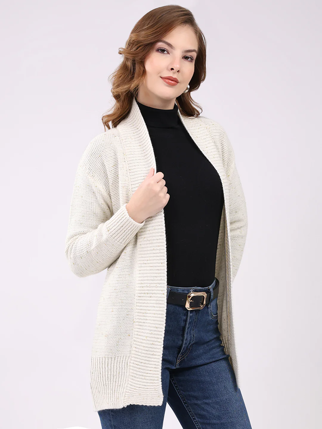 Women Off White Self Design Collar Full Sleeve Cardigan - Image 4