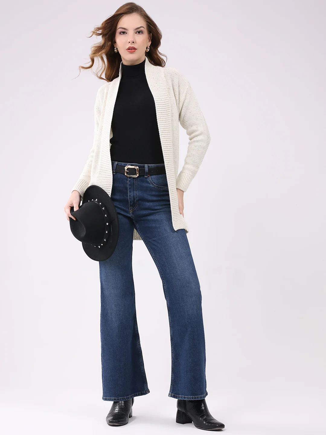 Women Off White Self Design Collar Full Sleeve Cardigan - Image 6