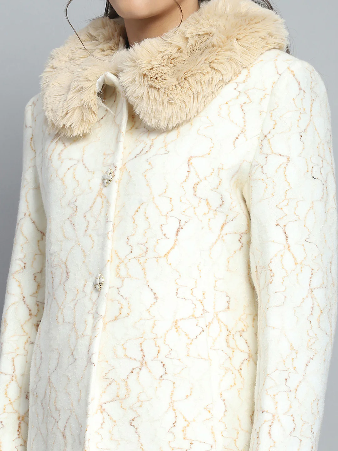 Women Off White Self Design Collar Full Sleeve Coat - Image 8