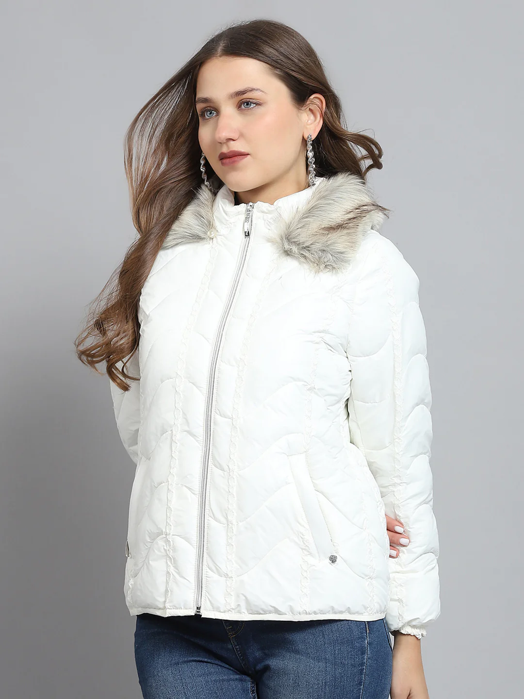 Women Off White Self Design Collar Full Sleeve Jacket - Image 3