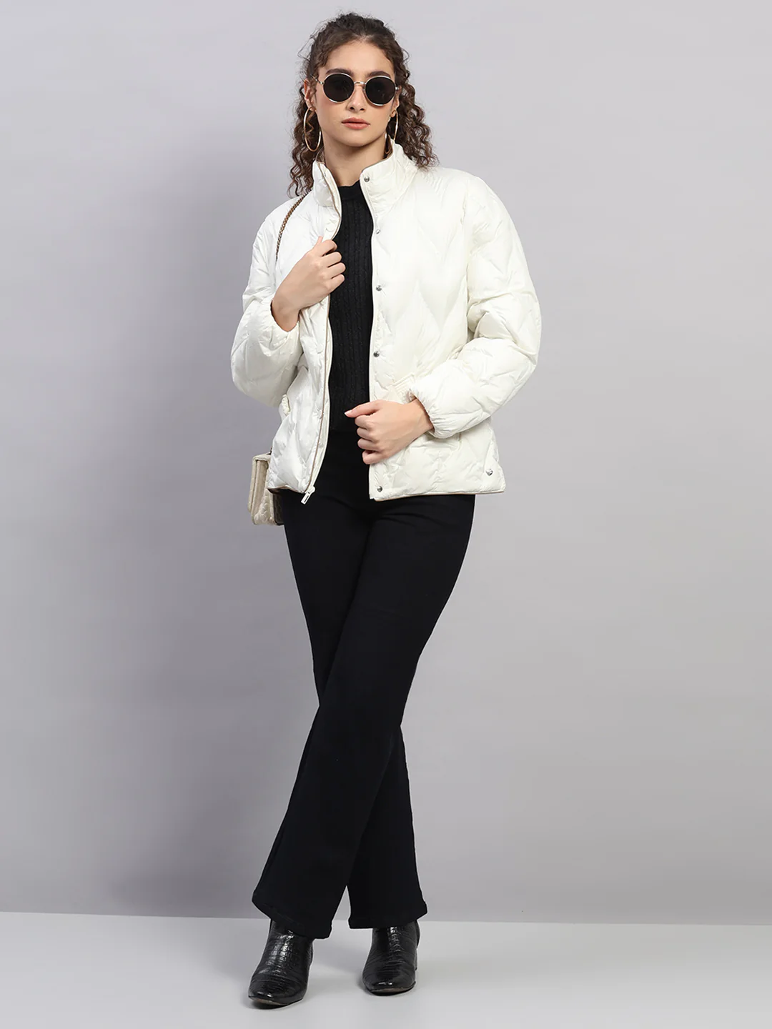 Women Off White Self Design Collar Full Sleeve Jacket - Image 2