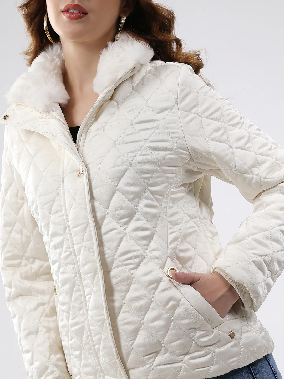 Women Off White Self Design Collar Full Sleeve Jacket - Image 6