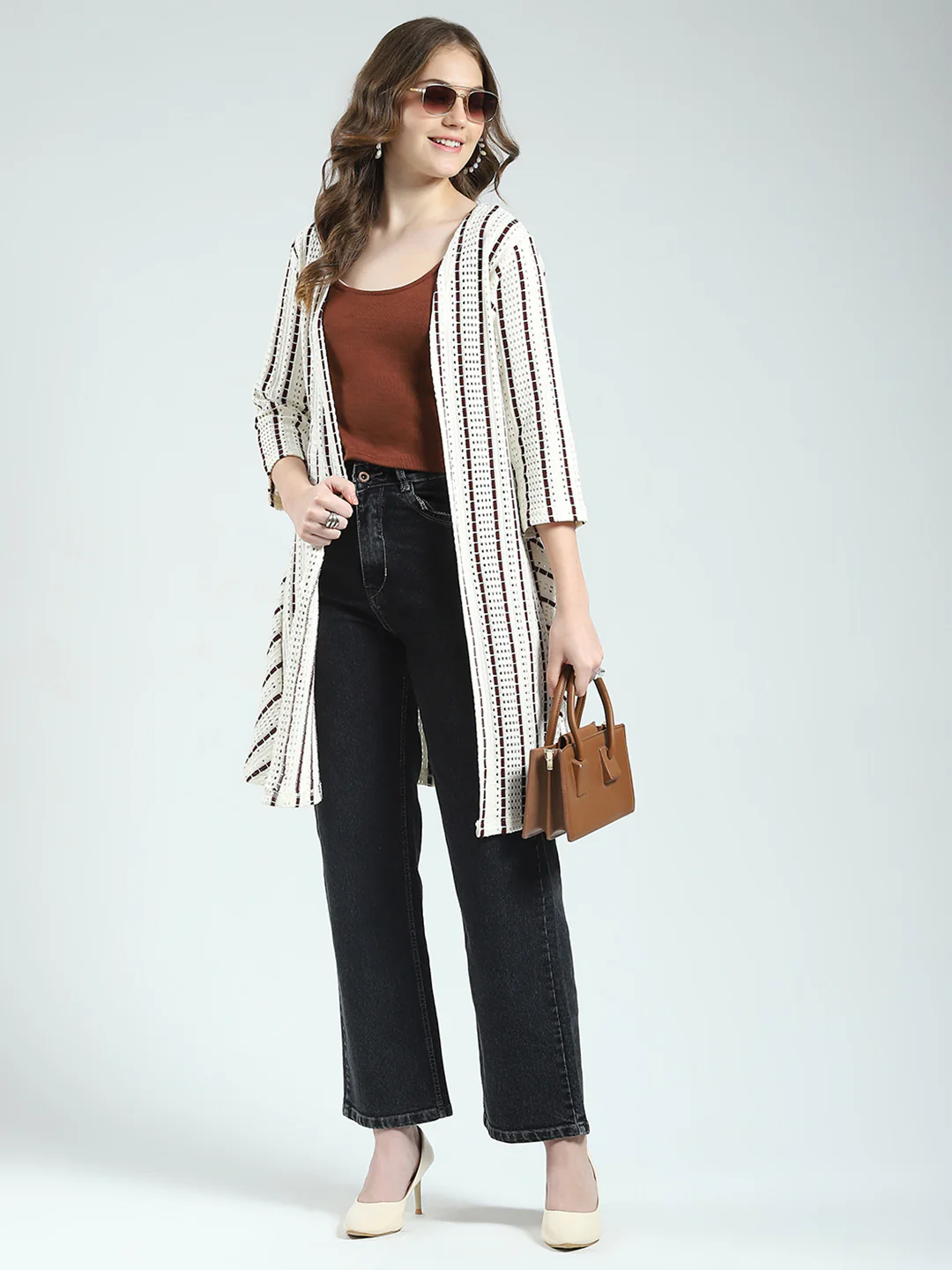 Women Off White Self Design Front Open 3/4th Sleeve Shrug - Image 2