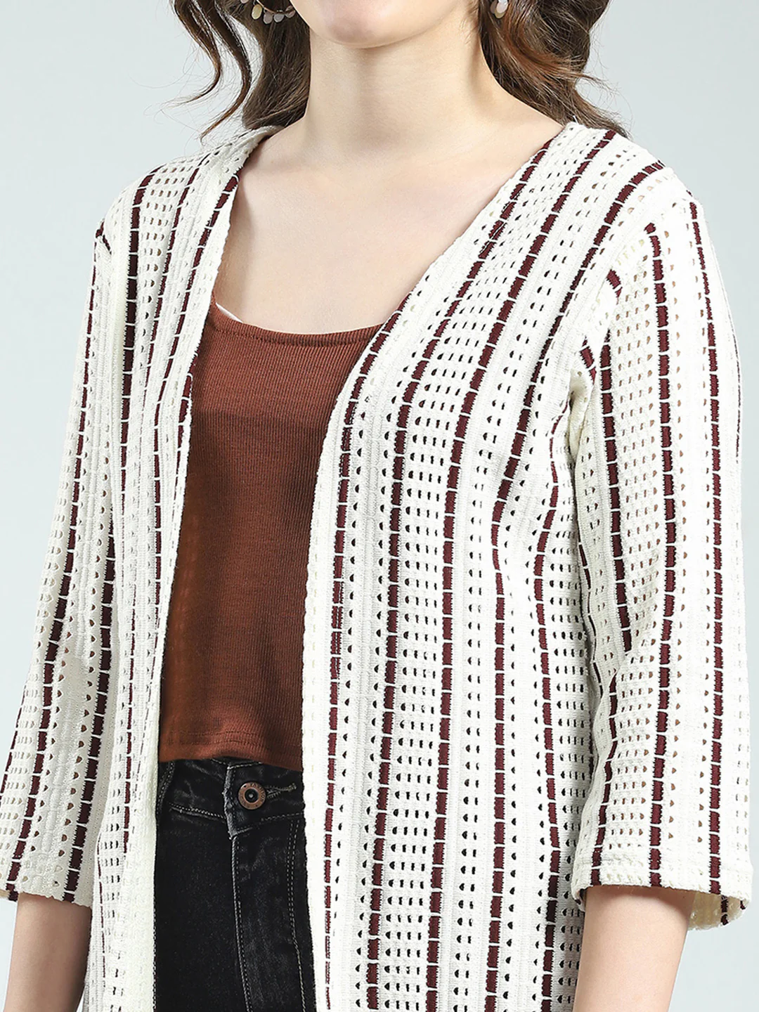 Women Off White Self Design Front Open 3/4th Sleeve Shrug - Image 6
