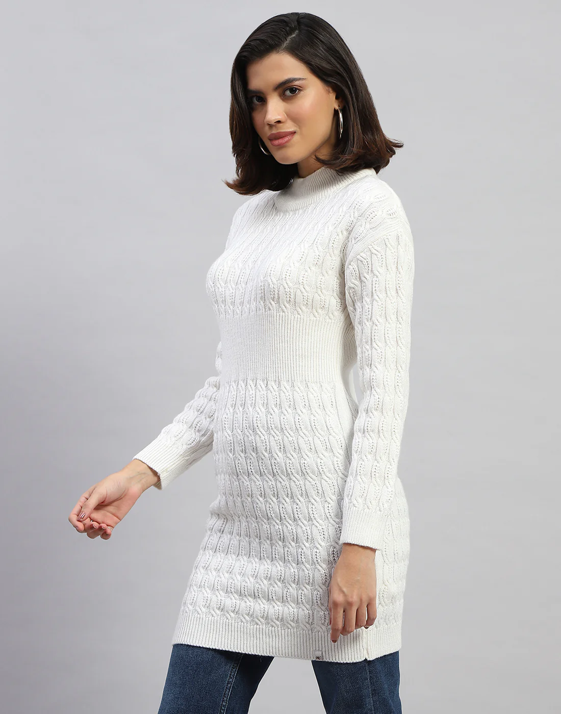 Women Off White Self Design High Neck Full Sleeve Winter Top - Image 3