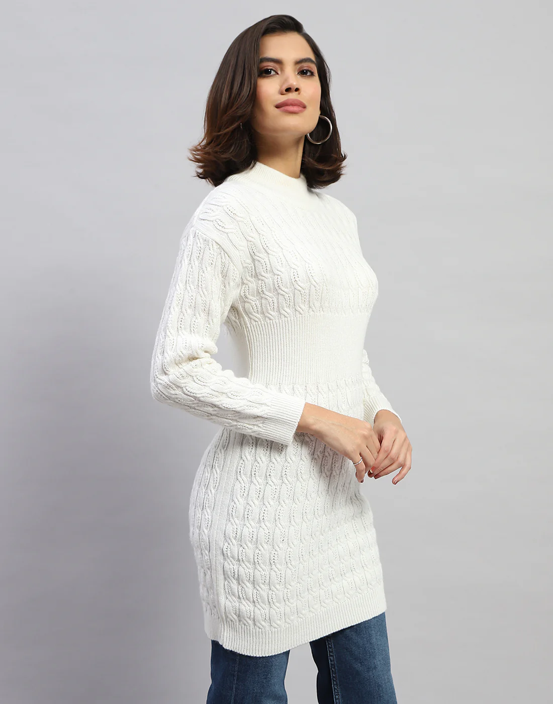 Women Off White Self Design High Neck Full Sleeve Winter Top - Image 4