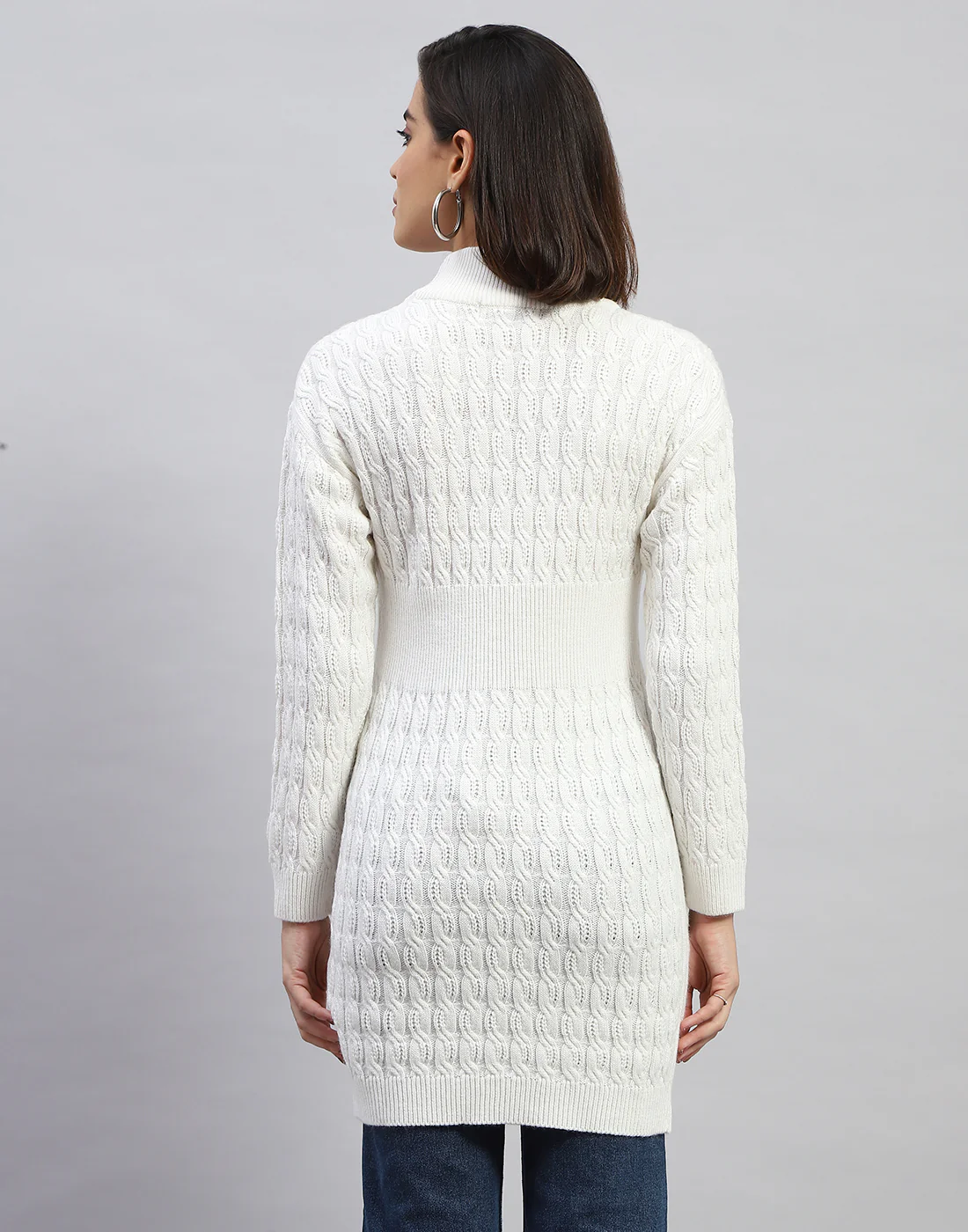 Women Off White Self Design High Neck Full Sleeve Winter Top - Image 5