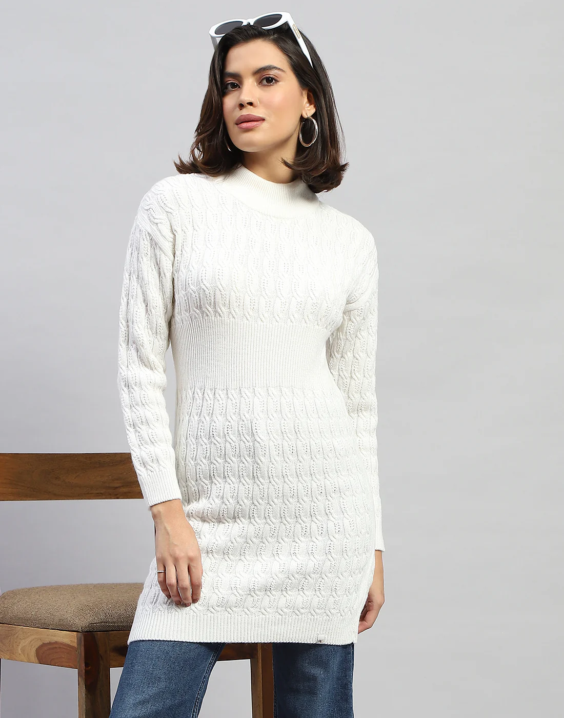 Women Off White Self Design High Neck Full Sleeve Winter Top - Image 6