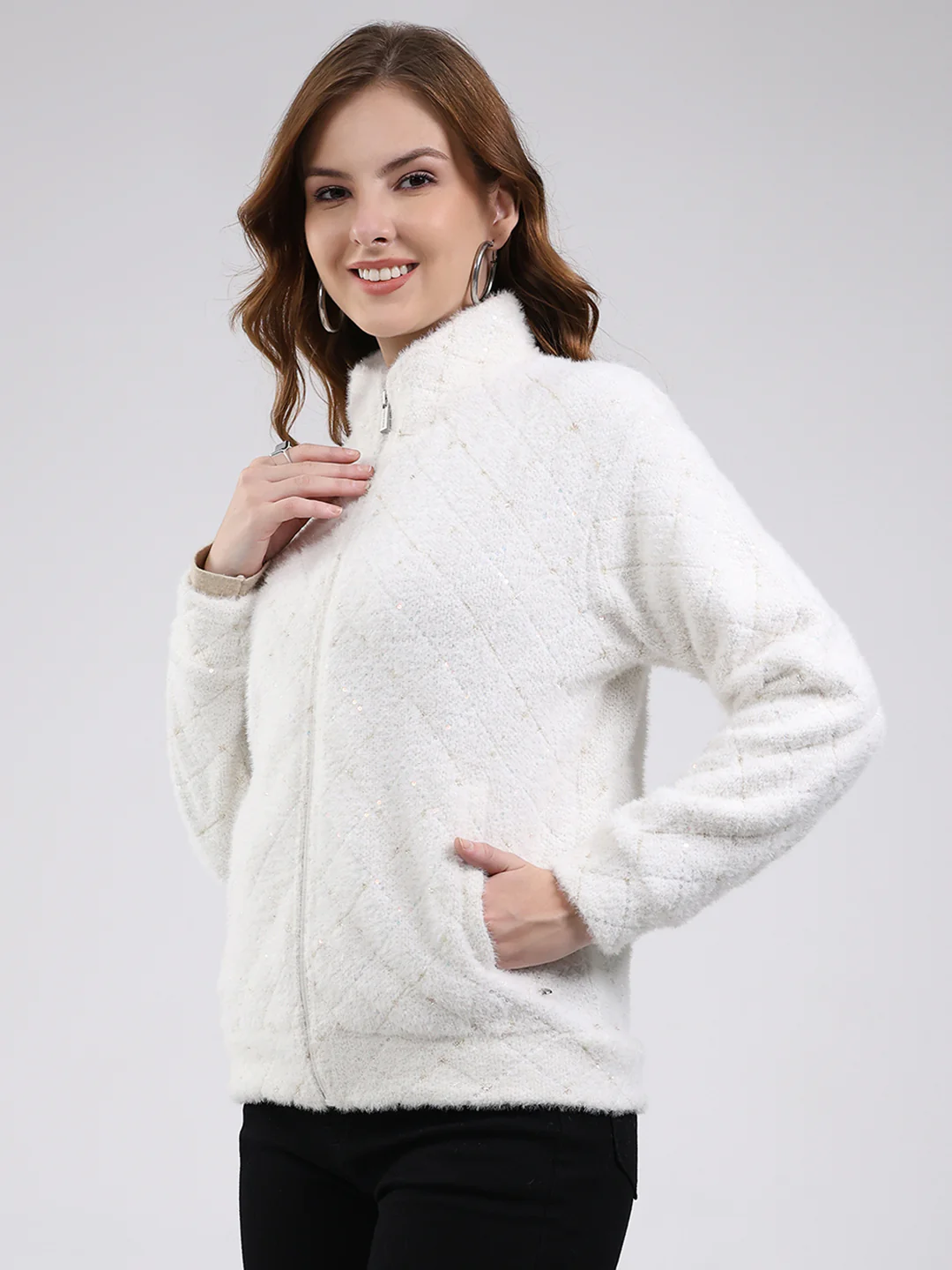 Women Off White Self Design Mock Neck Full Sleeve Sweatshirt - Image 3