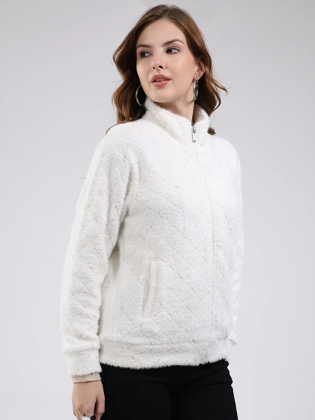 Women Off White Self Design Mock Neck Full Sleeve Sweatshirt - Image 4