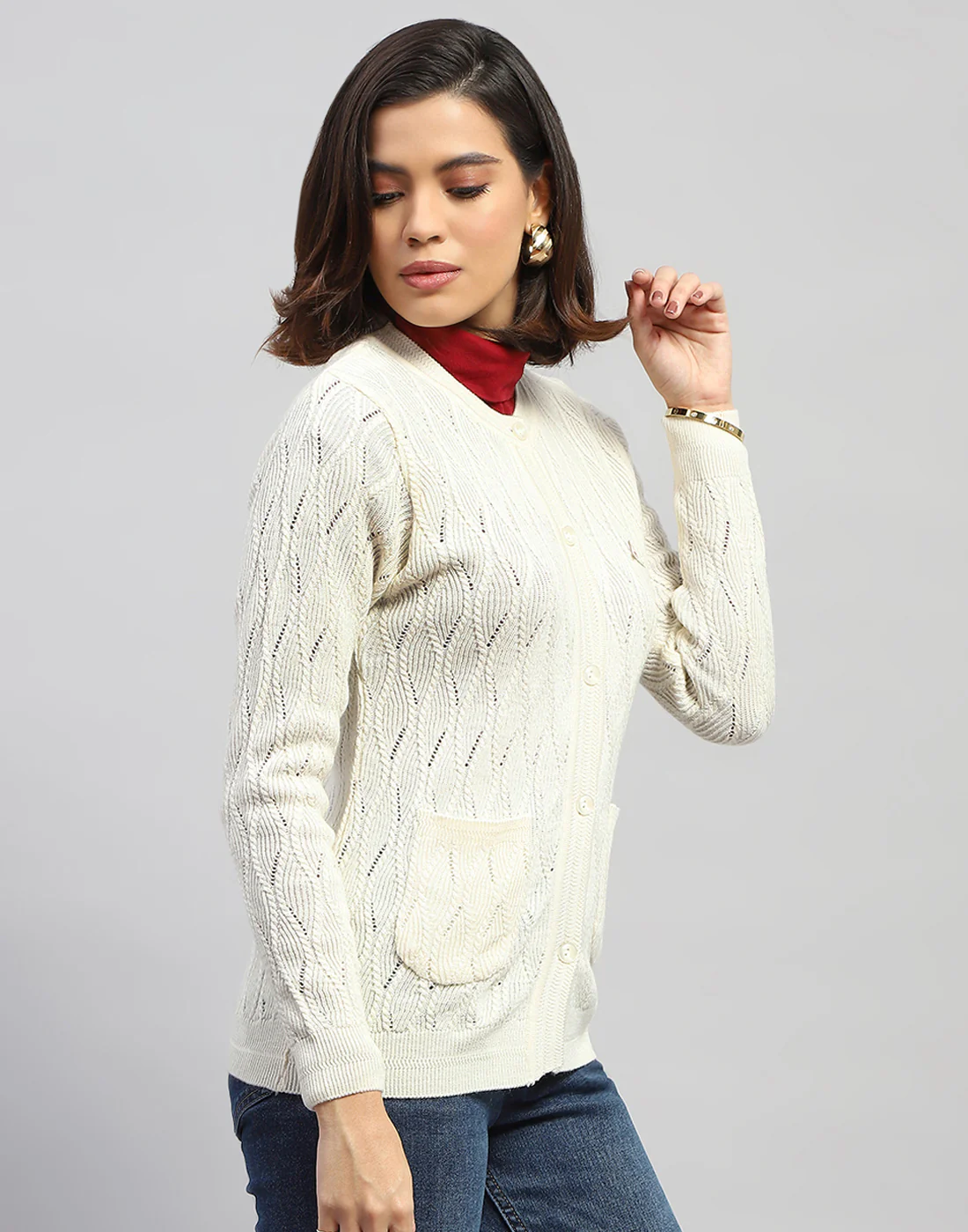 Women Off White Self Design Round Neck Full Sleeve Cardigan - Image 5