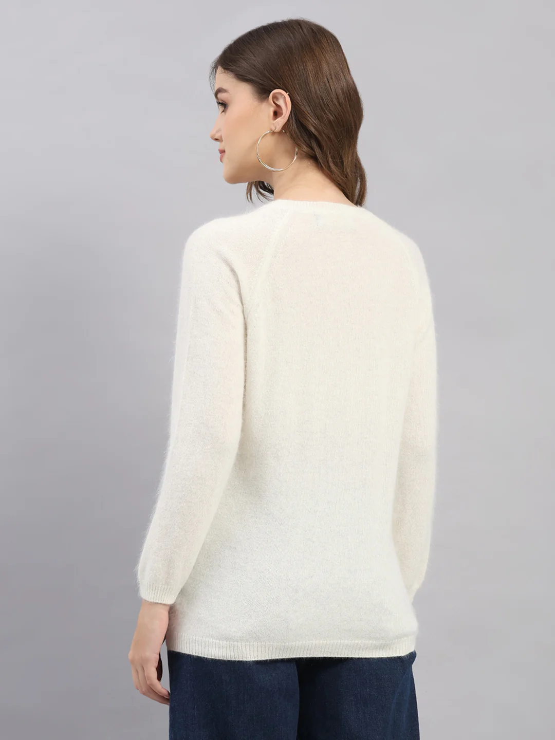 Women Off White Self Design Round Neck Full Sleeve Cardigan - Image 5