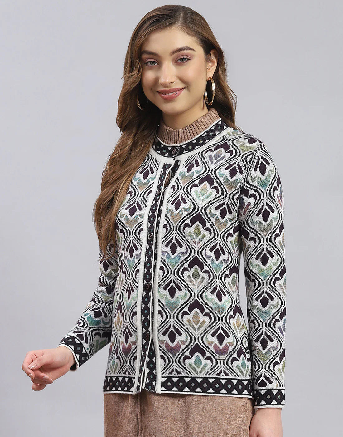 Women Off White Self Design Round Neck Full Sleeve Sweater - Image 3