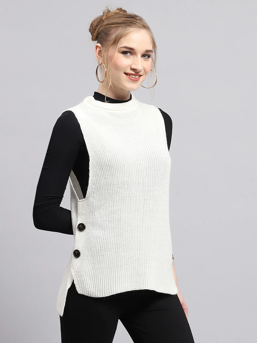 Women Off White Self Design Round Neck Sleeveless Winter Tops - Image 5