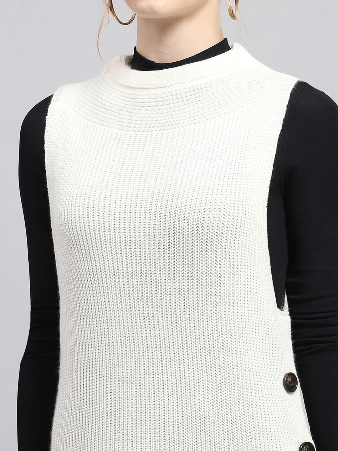 Women Off White Self Design Round Neck Sleeveless Winter Tops - Image 7