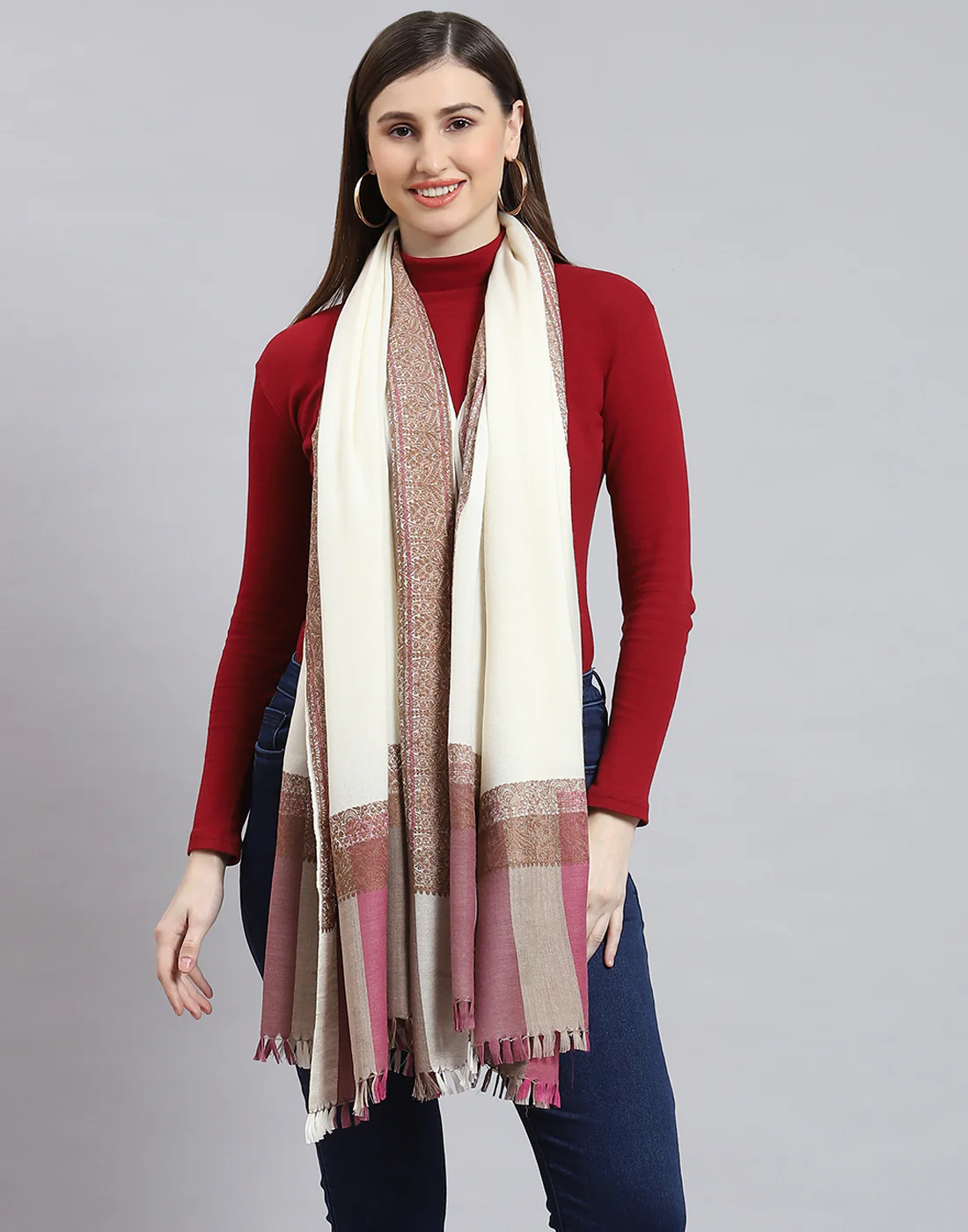 Women Off White Self Design Shawl - Image 3