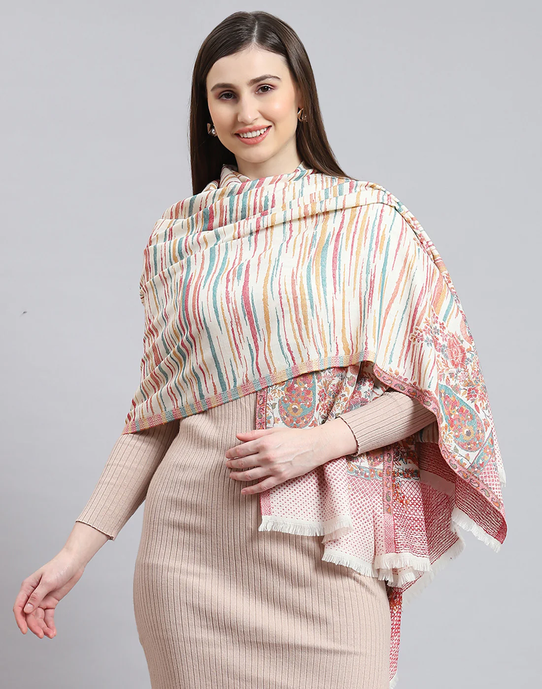 Women Off White Self Design Shawl - Image 2