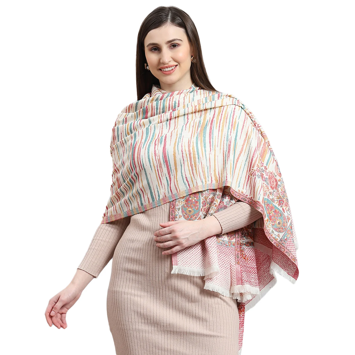 Women Off White Self Design Shawl - Image 5