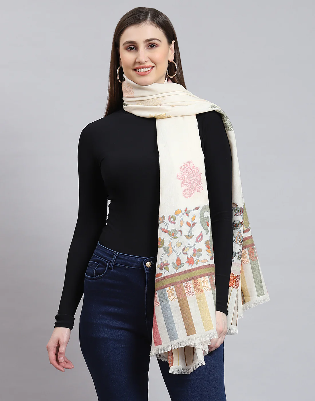 Women Off White Self Design Shawl - Image 2