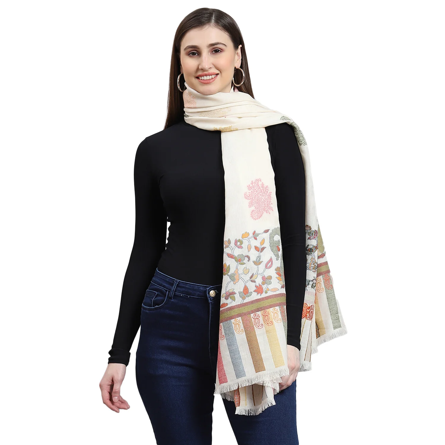 Women Off White Self Design Shawl - Image 5