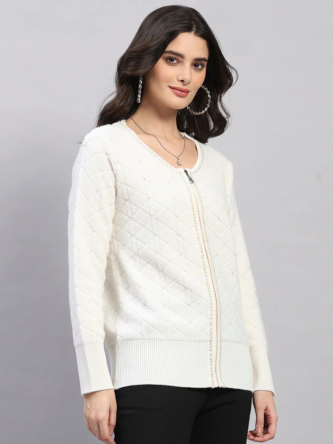 Women Off White Self Design Turtle Neck Full Sleeve Cardigan - Image 4