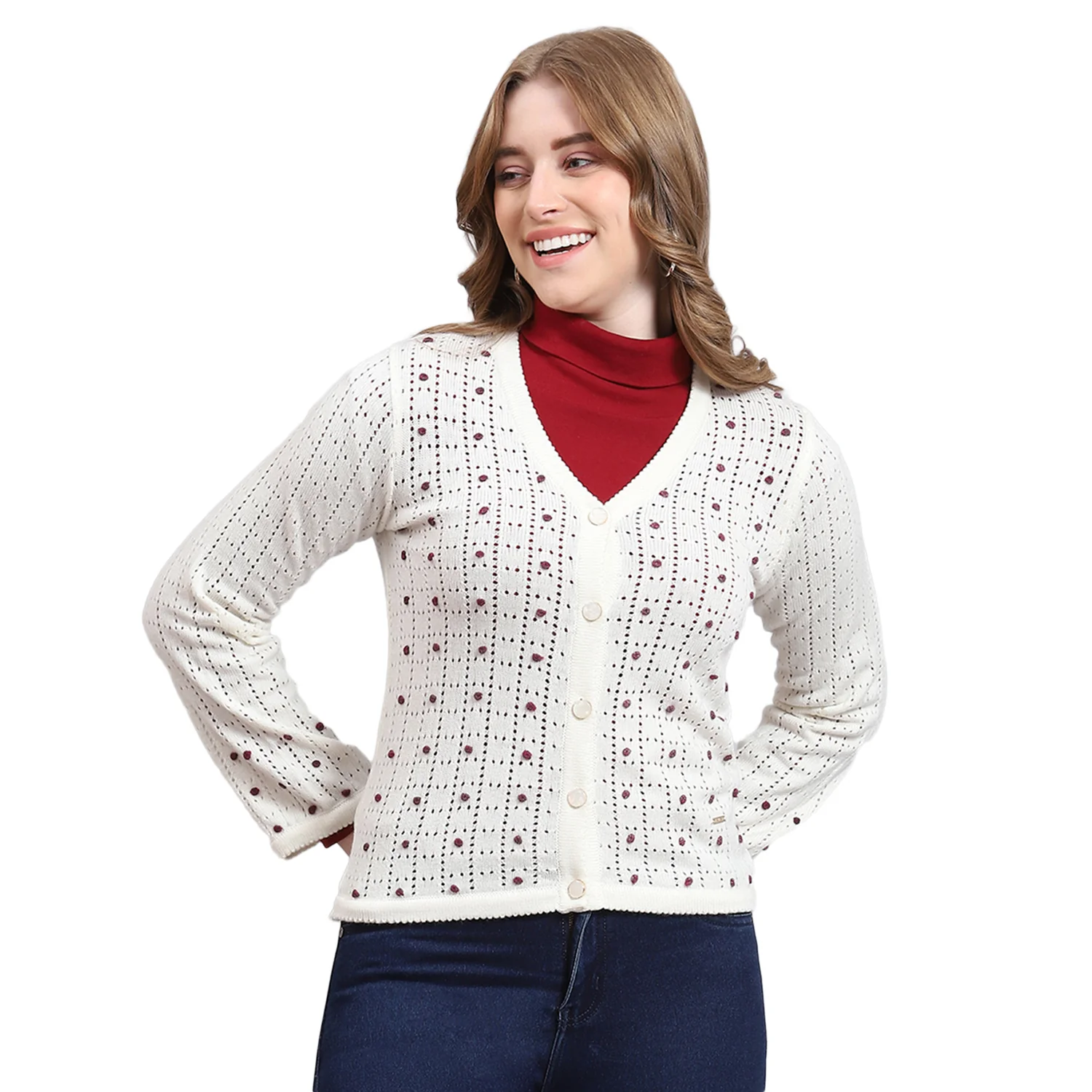 Women Off White Self Design V Neck Full Sleeve Cardigan - Image 5