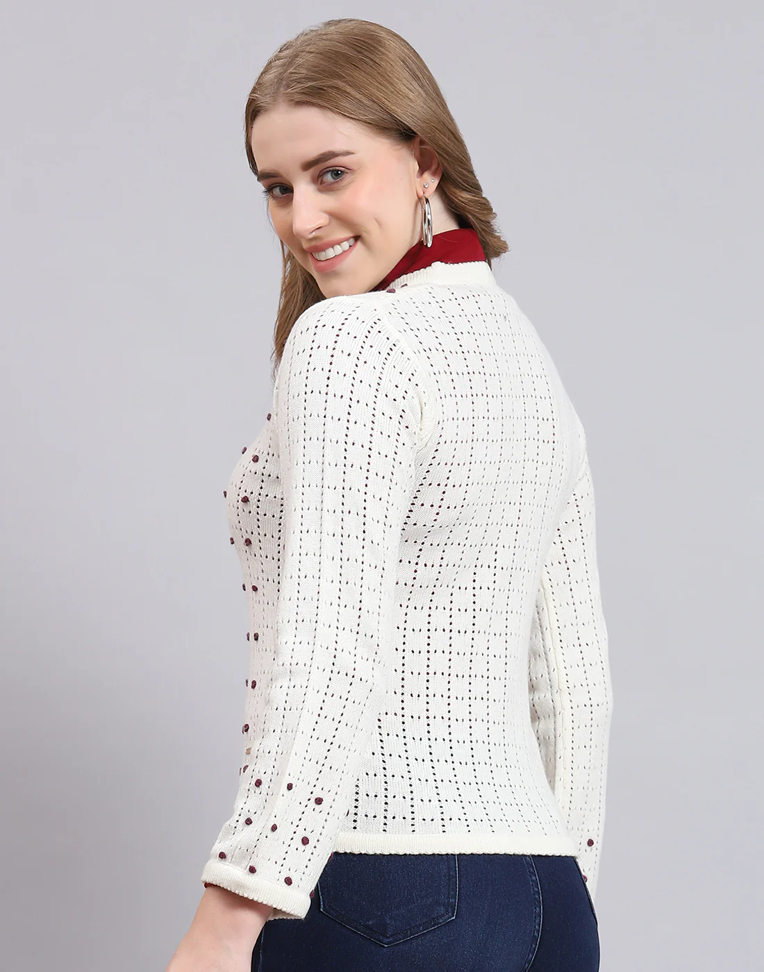 Women Off White Self Design V Neck Full Sleeve Cardigan - Image 6
