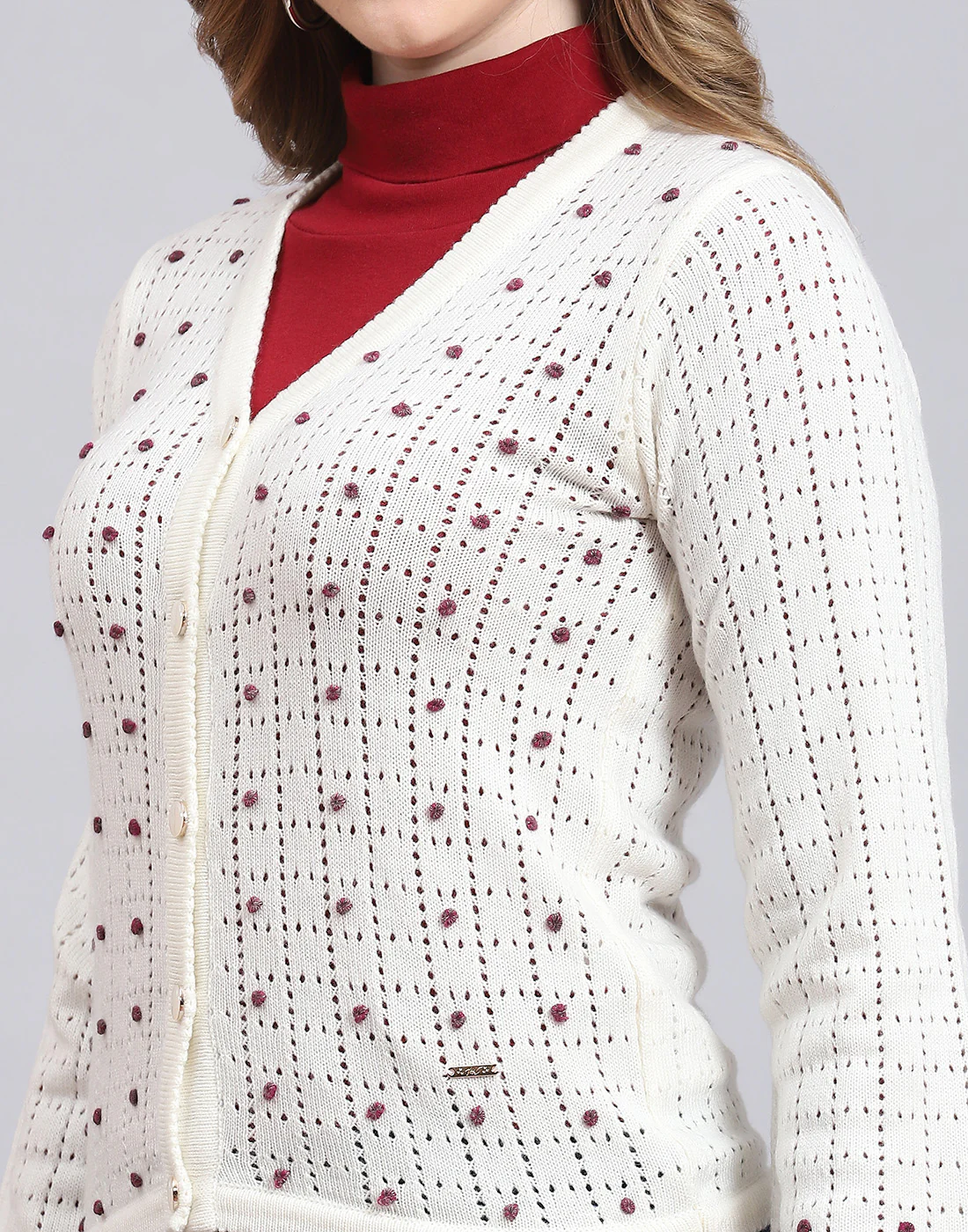 Women Off White Self Design V Neck Full Sleeve Cardigan - Image 7