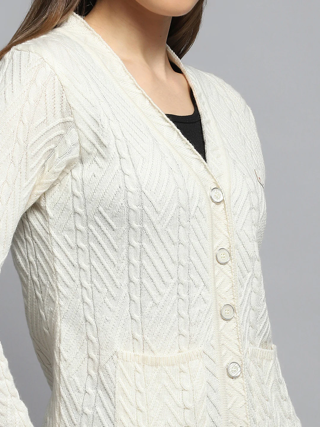 Women Off White Self Design V Neck Full Sleeve Cardigan - Image 6